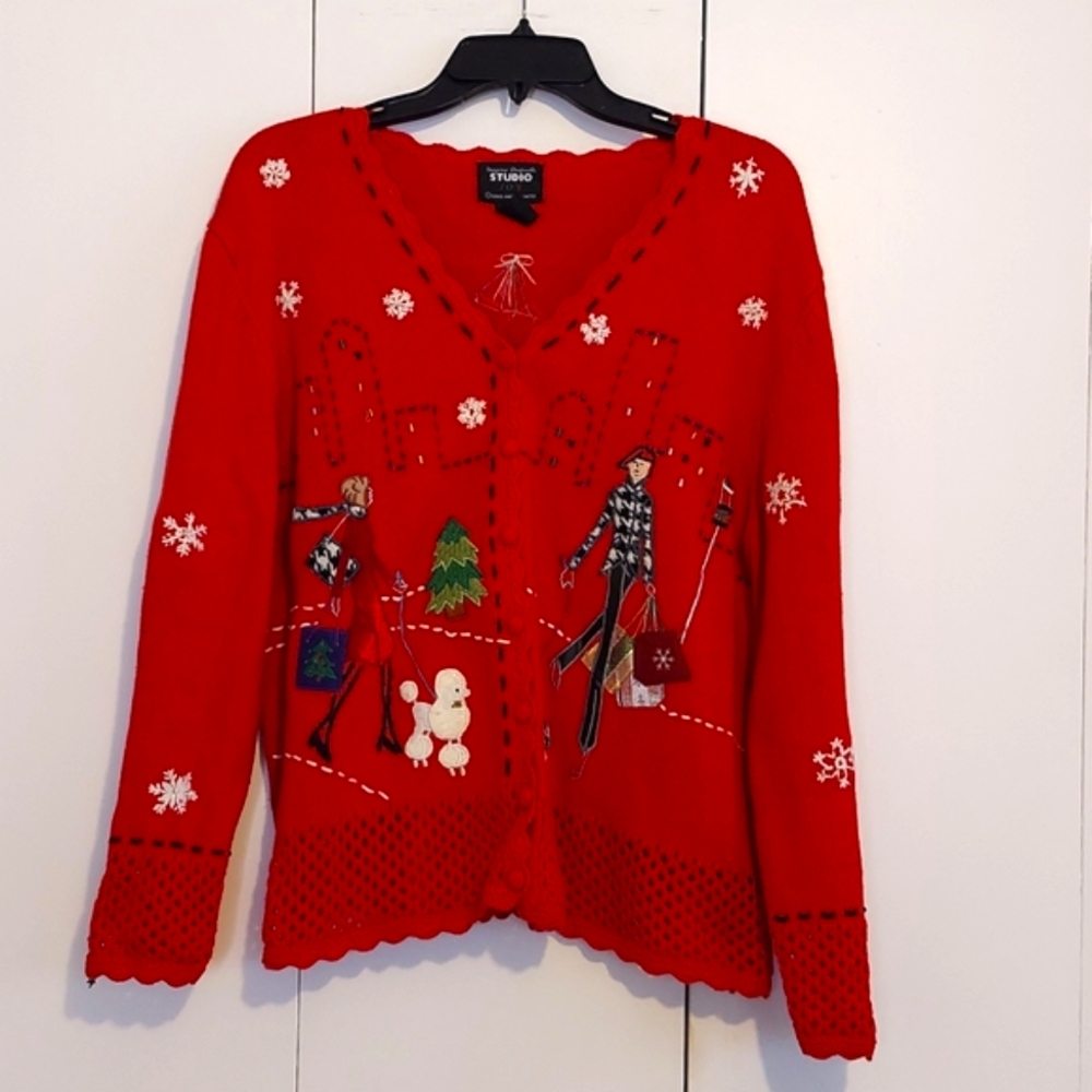 Designers Originals Studio Joy Holiday Shopping Cardigan Sweater Size XL Red